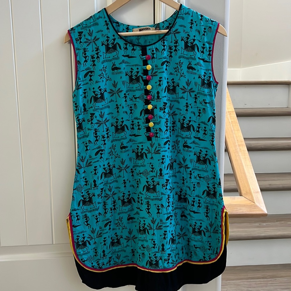 Turquoise Ladies Short Kalamkari Kurti
